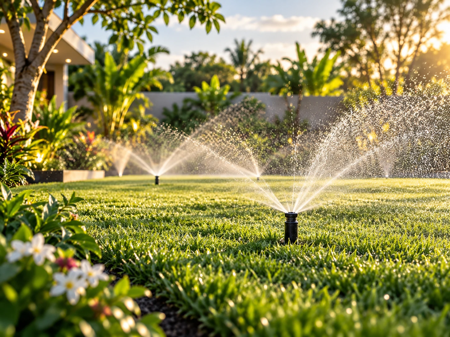 Garden sprinklers watering a green lawn at golden hour