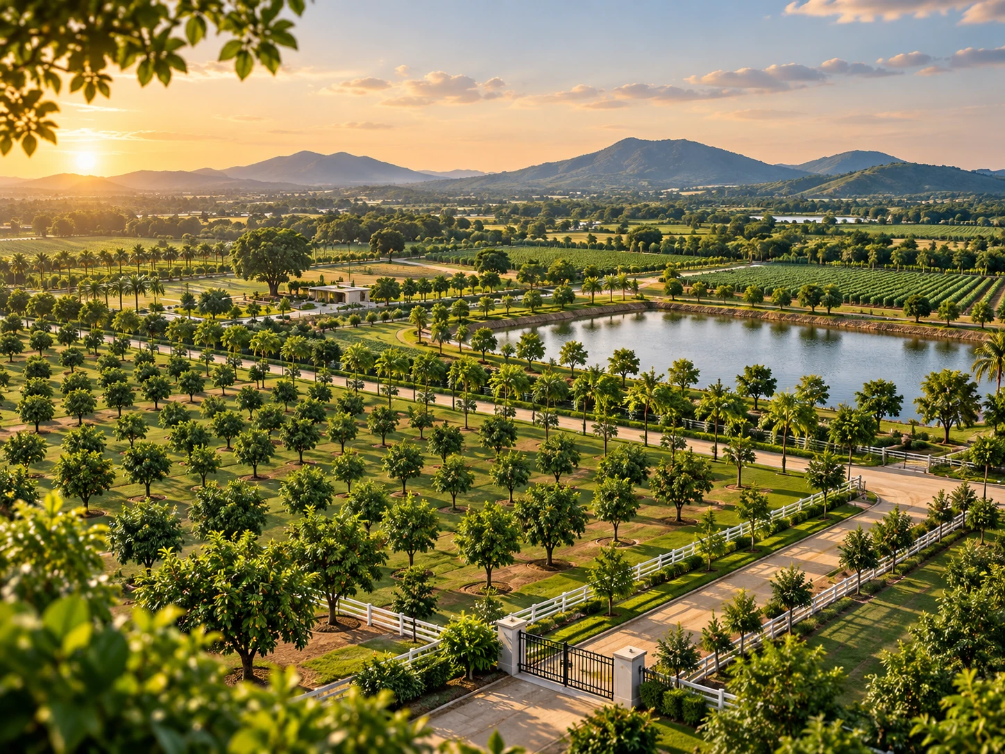 Orchard estate with planted rows and a lake at sunset