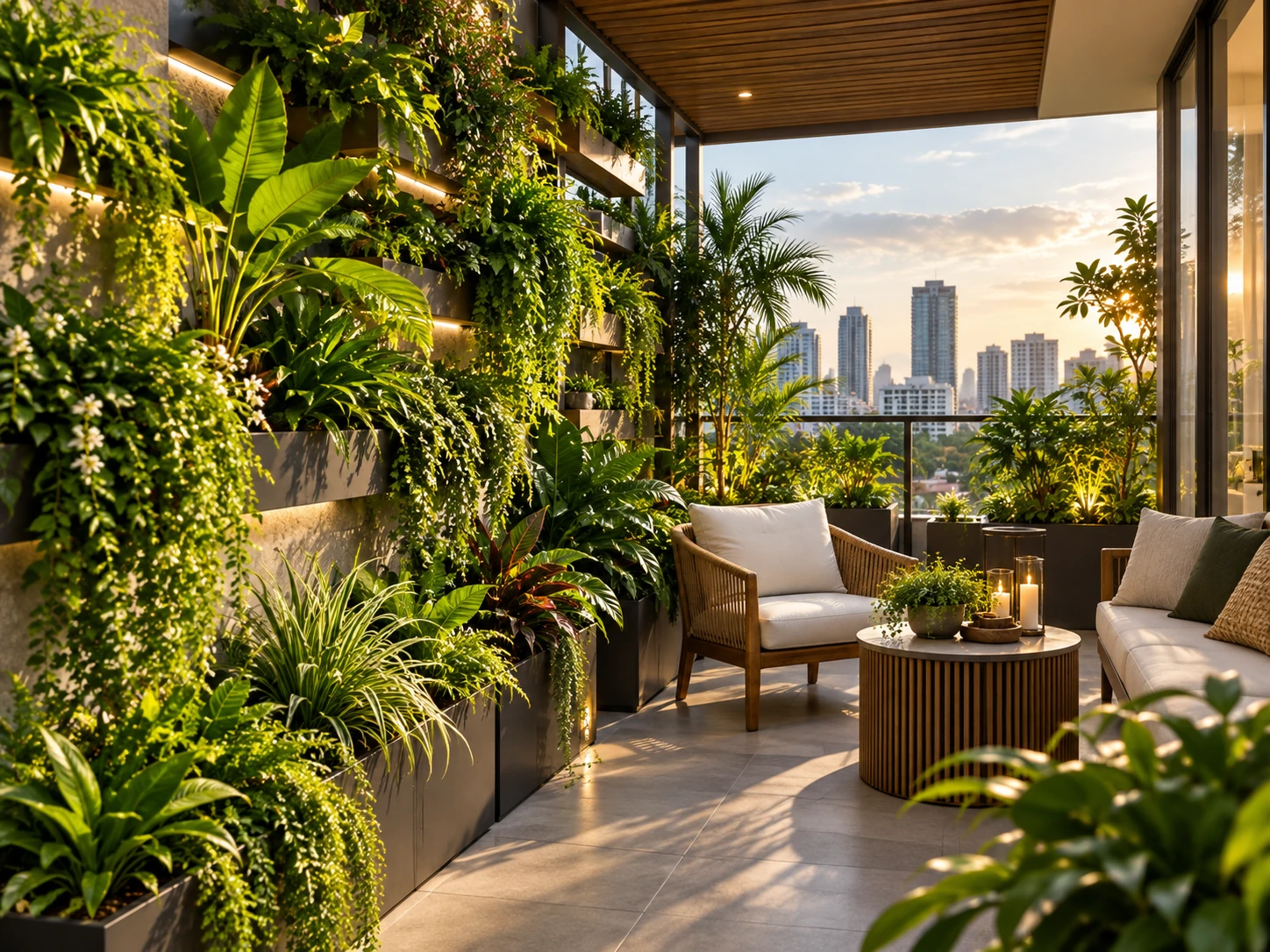 Illustrative urban balcony garden with vertical planting