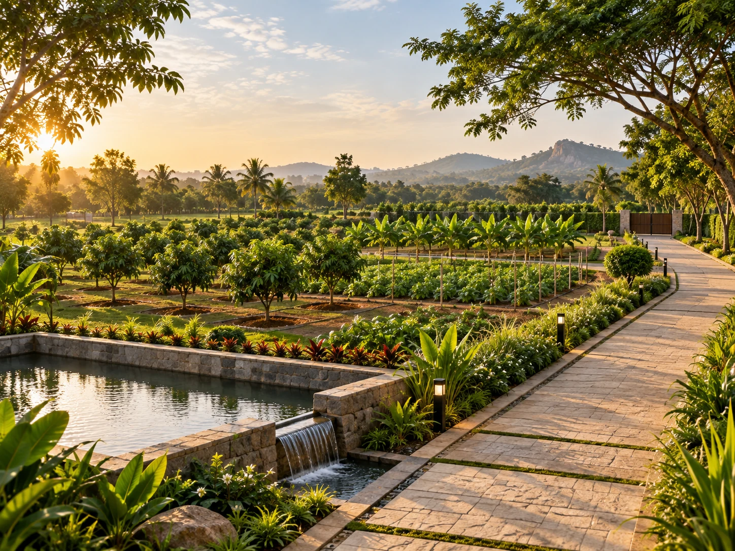 Illustrative farmland landscape with plantation rows and a water feature