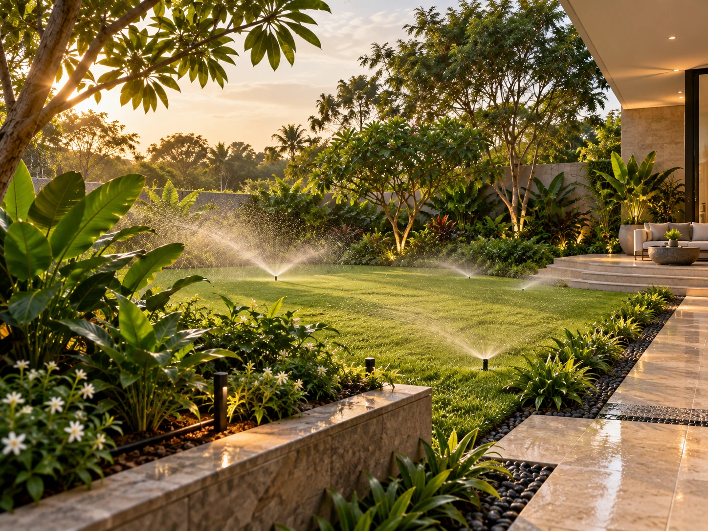 Illustrative landscaped lawn with sprinkler irrigation