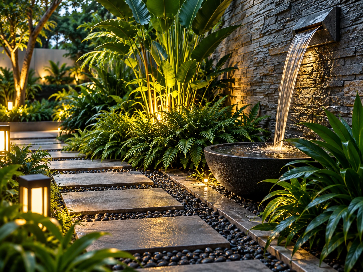 Stone pathway through lush planting with a warm-lit water feature